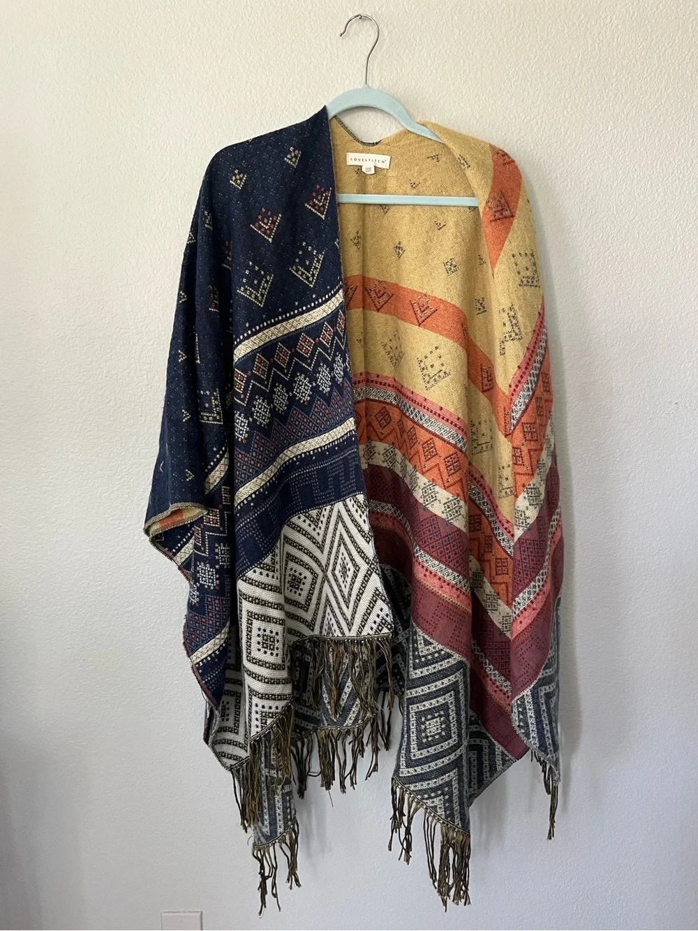 Lovestitch Navy Blue & White Aztec Knit Fringe Poncho Scarf Women's O/S